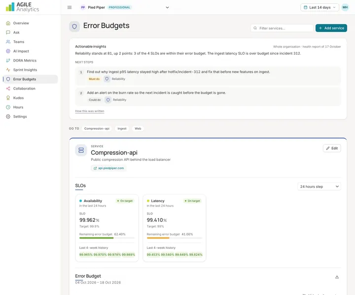 Agile Analytics Error Budgets page, desktop view, light theme