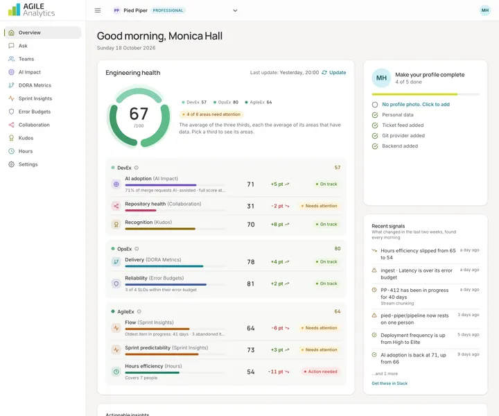 Agile Analytics Overview page, desktop view, light theme
